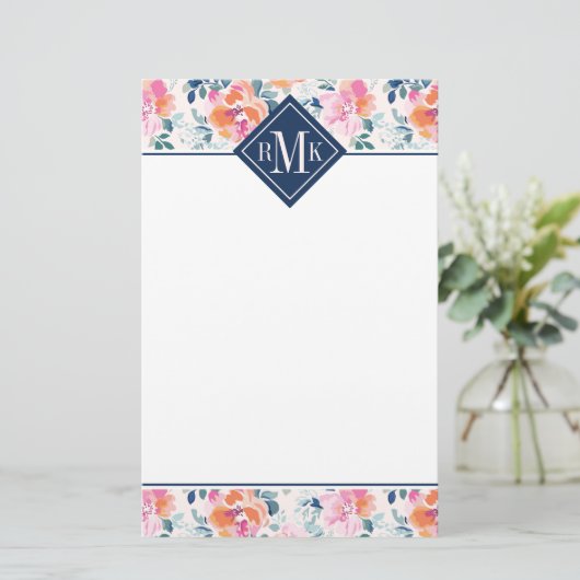 Monogram | Patroon met geschilde Rozen Briefpapier (Staand voorkant)