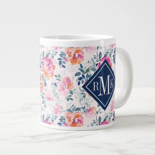 Monogram | Patroon met geschilde Rozen Grote Koffiekop (Voorkant rechts)