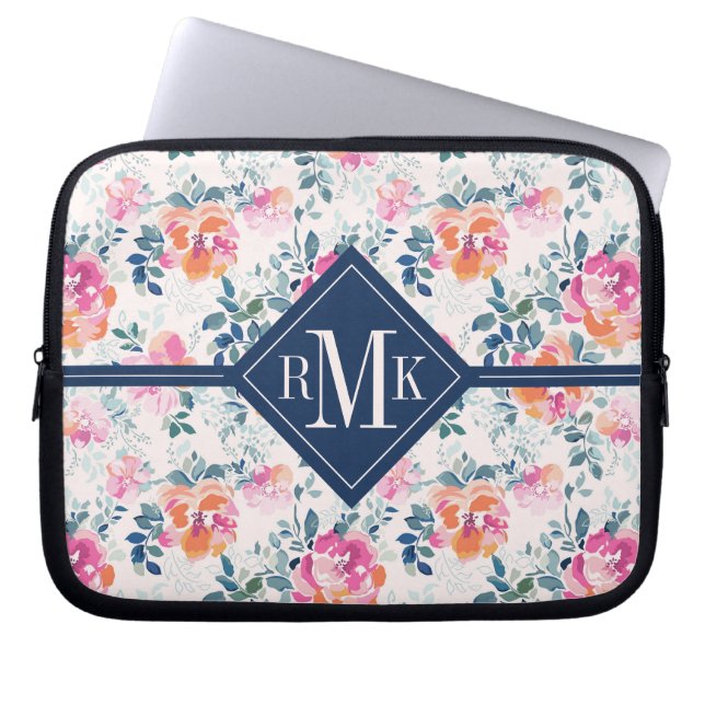 Monogram | Patroon met geschilde Rozen Laptop Sleeve (Voorkant)