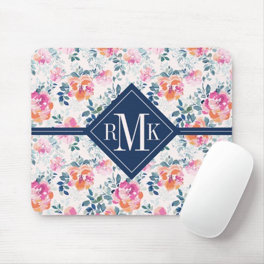 Monogram | Patroon met geschilde Rozen Muismat (Met muis)
