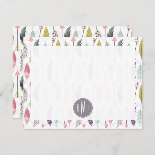 Monogram patroon pijlen en veren notitiekaartje (Voorkant / Achterkant)