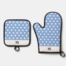 Monogram  Patroon Sky Blue Polka Dot Ovenwant & Pannenlap Set