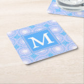 Monogram patroon van elektrische blauwe cirkels kartonnen onderzetters (Schuin)