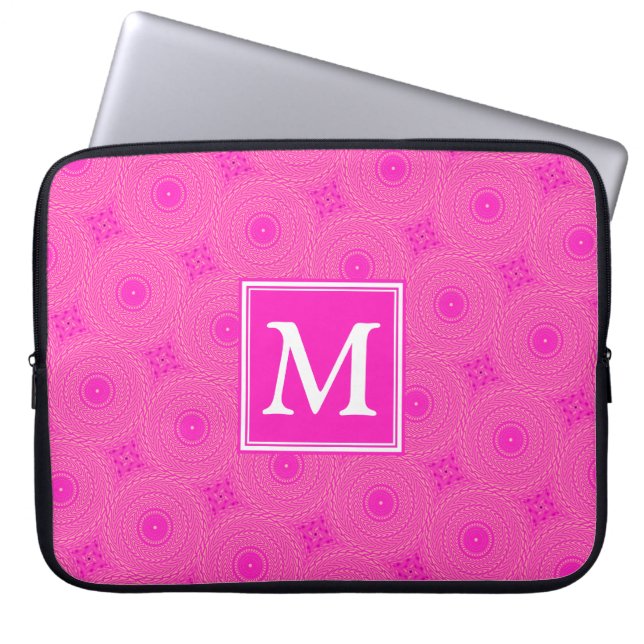 Monogram patroon van hete roze cirkels laptop sleeve (Voorkant)