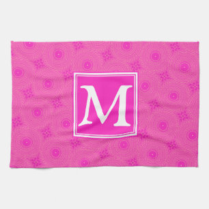 Monogram patroon van hete roze cirkels theedoek