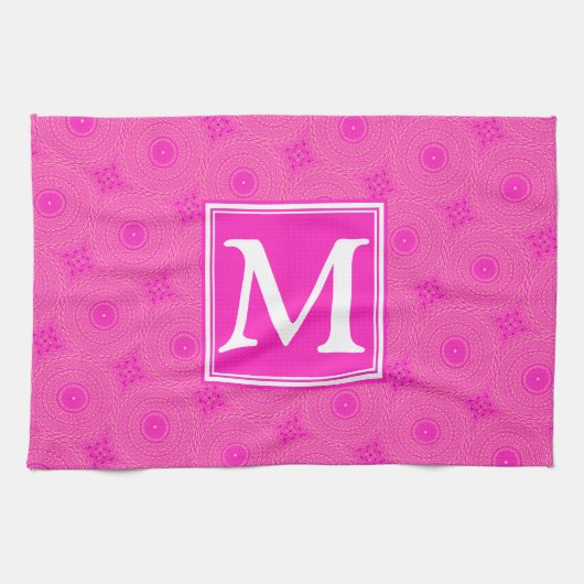 Monogram patroon van hete roze cirkels theedoek (Horizontaal)