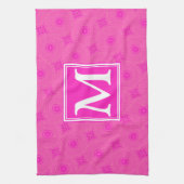 Monogram patroon van hete roze cirkels theedoek (Verticaal)