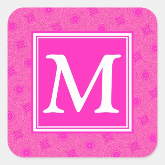 Monogram patroon van hete roze cirkels vierkante sticker (Voorkant)