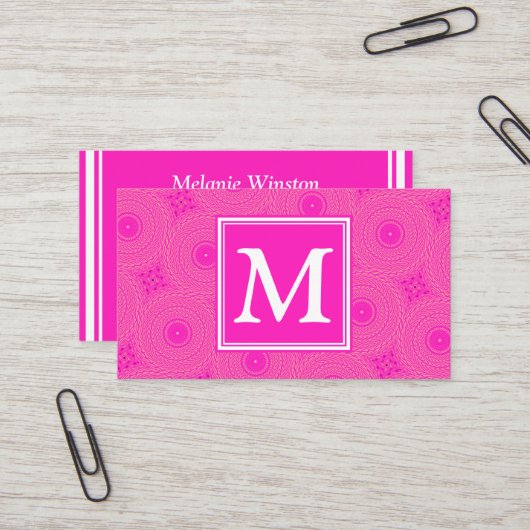 Monogram patroon van hete roze cirkels visitekaartje (Voorkant / Achterkant in situ)