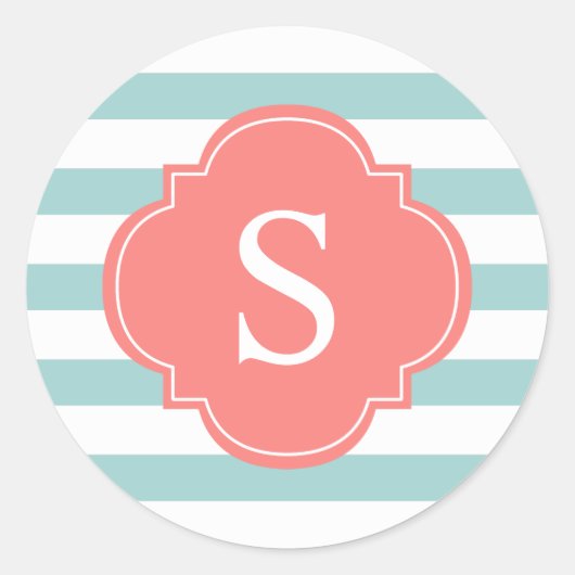 Monogram patroon van koraalmuntstrepen ronde sticker (Voorkant)