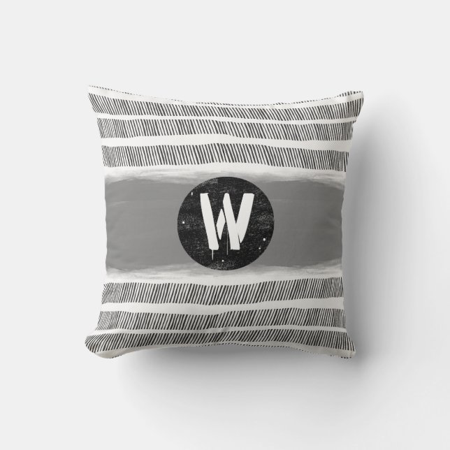 monogram patroon zwart wit en grijs boho kussen (Voorkant)
