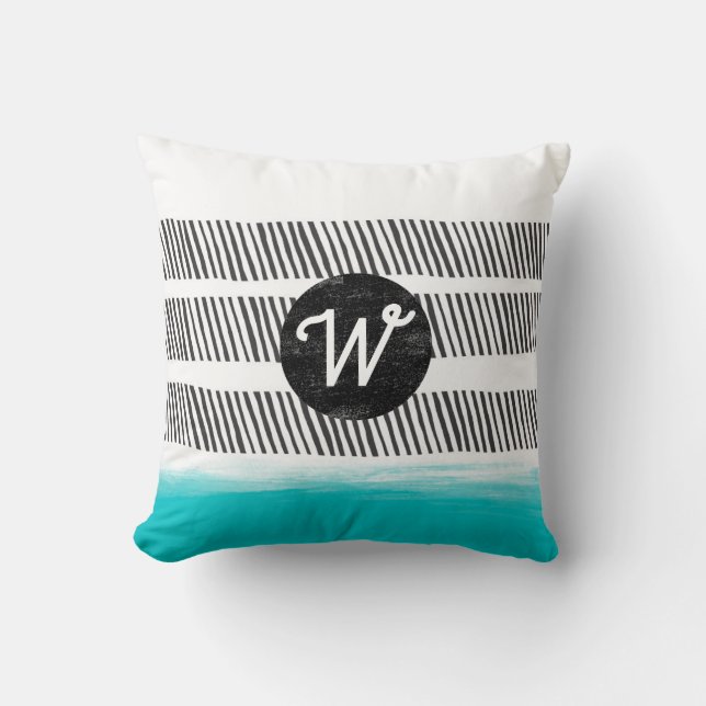 monogram patroon zwart wit en turquoise boho kussen (Voorkant)