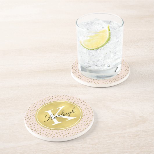 Monogram Peach en Gold Confetti Stippen Zandsteen Onderzetter (Zijkant)