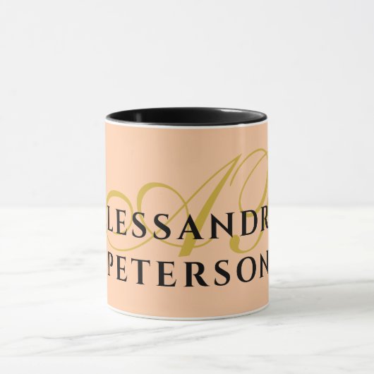 Monogram Peach Gold Black Name Minimalist Stylish  Mok (Midden)