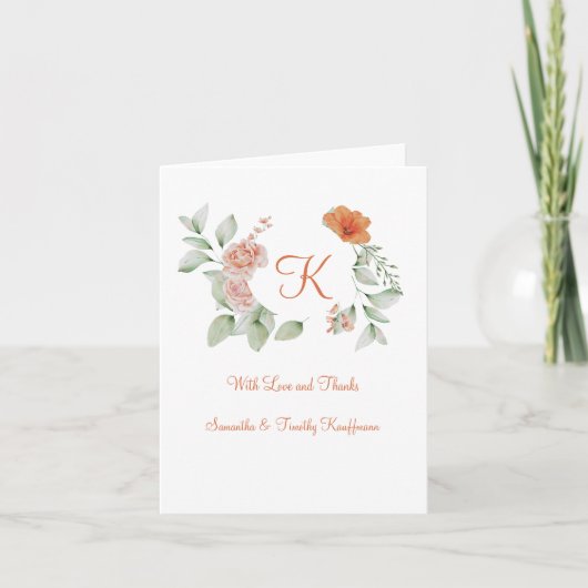 Monogram Peach Green Floral Wedding Dank u Notitiekaartje (Voorkant)