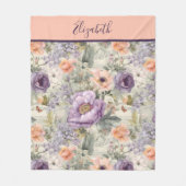 Monogram  Peach Paars Floral Shabby Chic Fleece Deken (Voorkant)