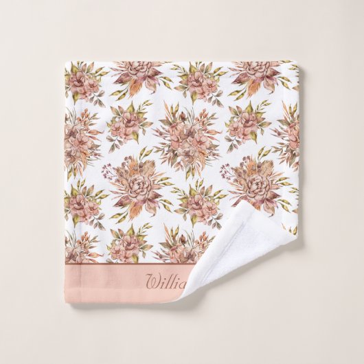 Monogram Peach Red Brown Green Floral Bad Handdoek (Wasdoekje)