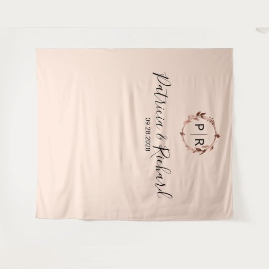 Monogram Peach Roos Gold Foil Weduwachtergrond Wandkleed (Voorkant (horizontaal))