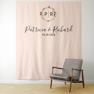 Monogram Peach Roos Gold Foil Weduwachtergrond Wandkleed