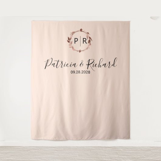 Monogram Peach Roos Gold Foil Weduwachtergrond Wandkleed (Voorkant)