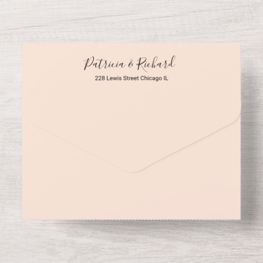 Monogram Peach Roos Weddenschap in één uitnodiging (Achterkant)