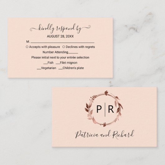 Monogram Peach Roos Wedding RSVP Enclosure Kaart (Voorkant / Achterkant)