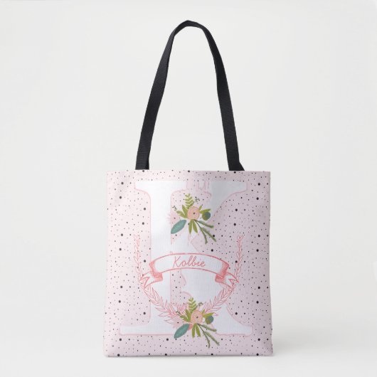 Monogram Peachy Pink Random Dot & Boho Floral Tote Bag (Voorkant)