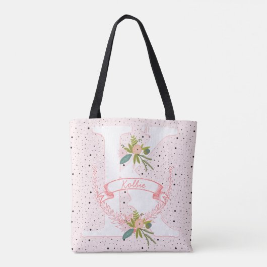 Monogram Peachy Pink Random Dot & Boho Floral Tote Bag (Achterkant)