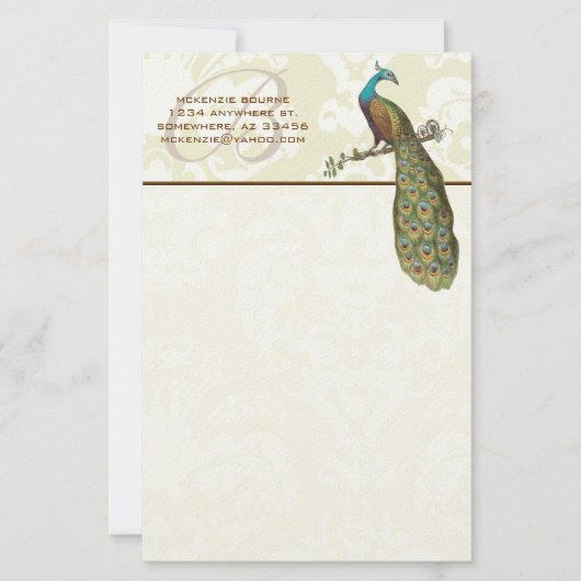 Monogram Peacock Branch Stationery Briefpapier (Voorkant)