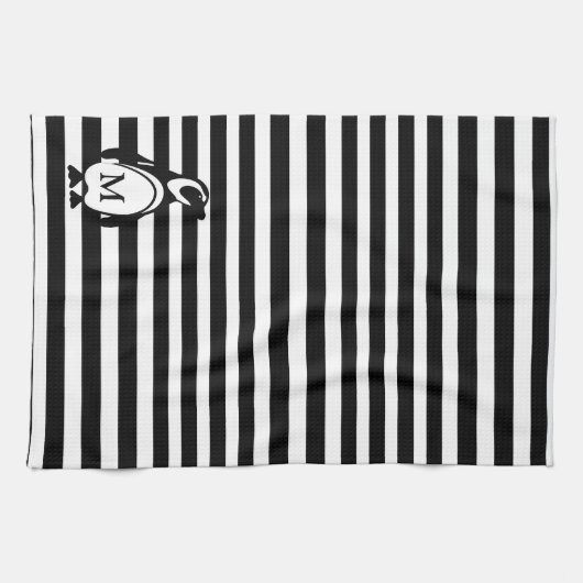 Monogram Penguin Black en White Stripes Theedoek (Horizontaal)