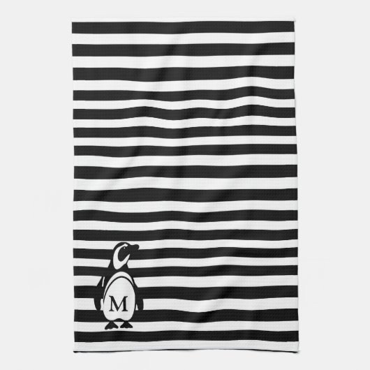Monogram Penguin Black en White Stripes Theedoek (Verticaal)