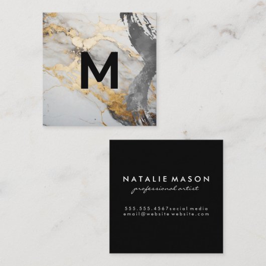 Monogram penseel voor Waterverf | Goudmarmer Vierkante Visitekaartje (Voorkant / Achterkant)