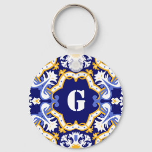 Monogram periwinkle, blauw en geel Azulejos Sleutelhanger