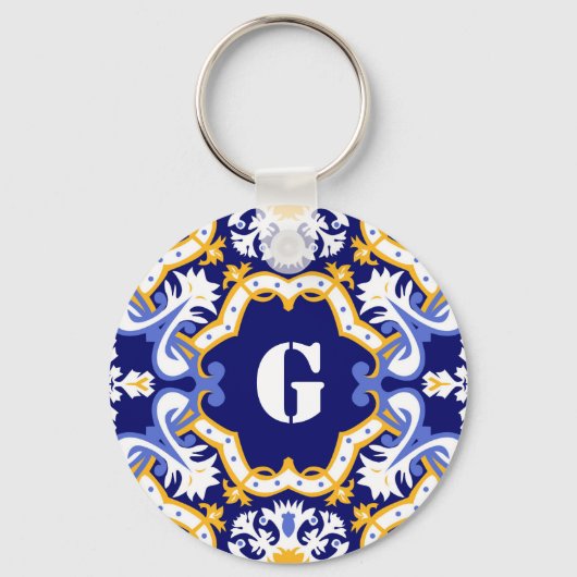 Monogram periwinkle, blauw en geel Azulejos Sleutelhanger (Voorkant)