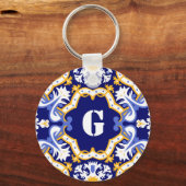 Monogram periwinkle, blauw en geel Azulejos Sleutelhanger (Voorkant)
