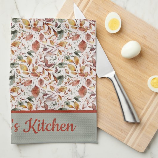 Monogram Personaliseer Herfstbladeren Groen Oranje Theedoek (Quarter Fold)