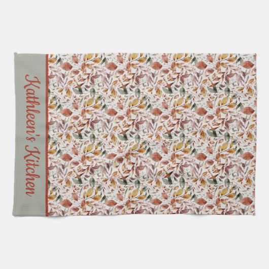 Monogram Personaliseer Herfstbladeren Groen Oranje Theedoek (Horizontaal)