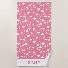 Monogram Personaliseer Roze Witte Hartjes Strandlaken