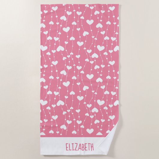 Monogram Personaliseer Roze Witte Hartjes Strandlaken (Voorkant)
