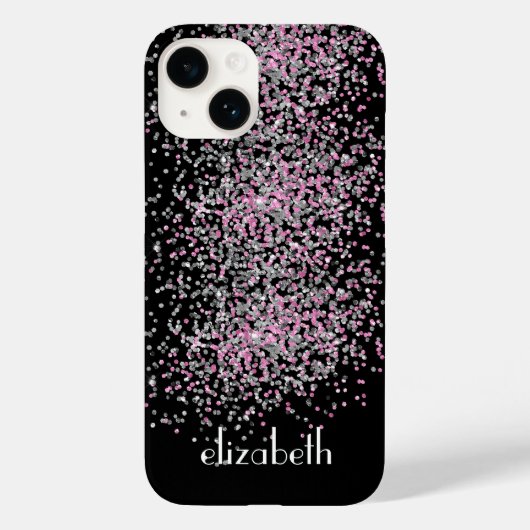 Monogram personaliseer zwarte roze zilver Glitter Case-Mate iPhone Case (Achterkant)