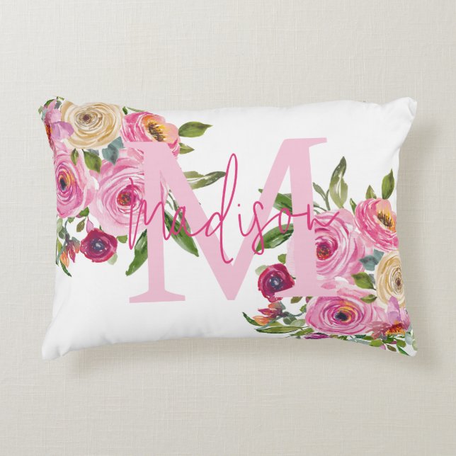 Monogram | personaliseren | Waterverf | Floral Accent Kussen (Voorkant)