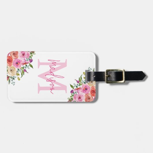 Monogram | personaliseren | Waterverf | Floral Bagagelabel (Voorkant horizontaal)