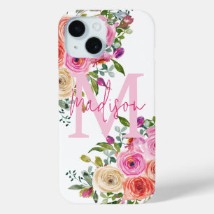Monogram   personaliseren   Waterverf   Floral iPhone 15 Case