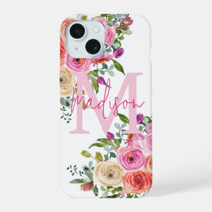 Monogram personaliseren Waterverf Floral iPhone 15 Case
