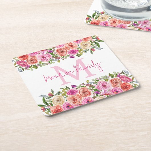Monogram | personaliseren | Waterverf | Floral Kartonnen Onderzetters (Schuin)