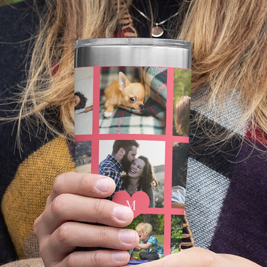 Monogram personalized modern multi photo collage geïsoleerde drinkbeker