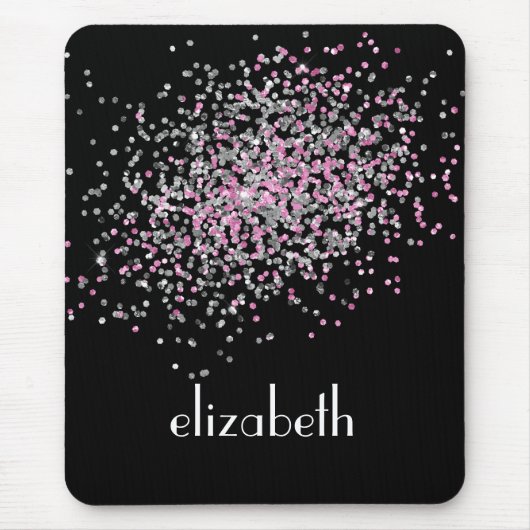 Monogram Persoonlijk Black Roze Zilver Glitters Muismat (Voorkant)