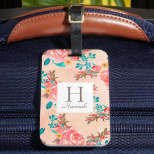 Monogram Perzik Bloemen Waterverf Patroon Bagagelabel