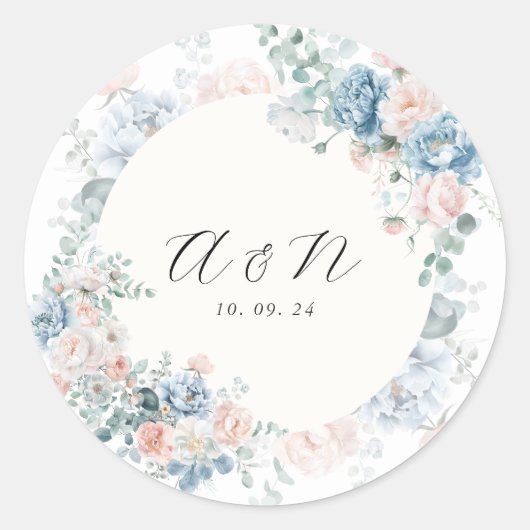 Monogram Perzik Dusty Blue Faded Bloemen Huwelijk Ronde Sticker (Voorkant)