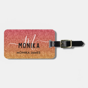 Monogram Perzik en Gouden Glitter Ombre Aangepast Bagagelabel